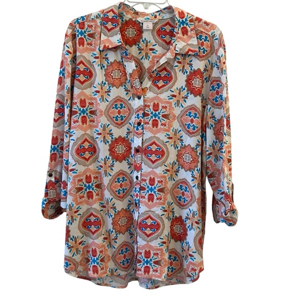 Allison Daley Multicolor Geometric Rayon Casual Button Down 3/4 Sleeve Shirt XL - Picture 1 of 7